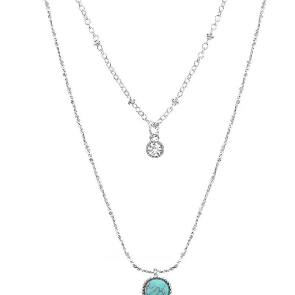 Elegant Silver and Blue Layered Necklace with Crystal and Turquoise Accents